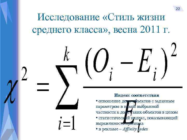 Исследование «Стиль жизни среднего класса» , весна 2011 г. 22 Индекс соответствия • отношение