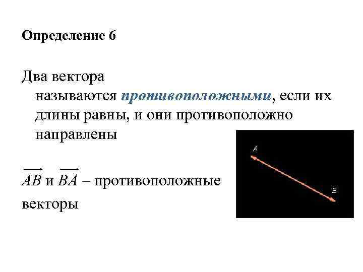 Определение 6 Два вектора называются противоположными, если их длины равны, и они противоположно направлены