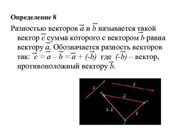 Вектор a b равен вектору. Определение разности векторов. Сумма векторов a и b. Сумма и разность векторов. Разность векторов b-a.