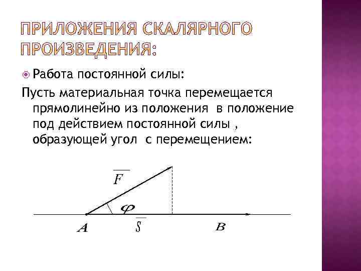  Работа постоянной силы: Пусть материальная точка перемещается прямолинейно из положения в положение под