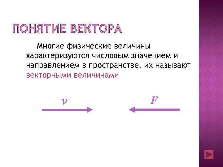 ПОНЯТИЕ ВЕКТОРА Многие физические величины характеризуются числовым значением и направлением в пространстве, их называют