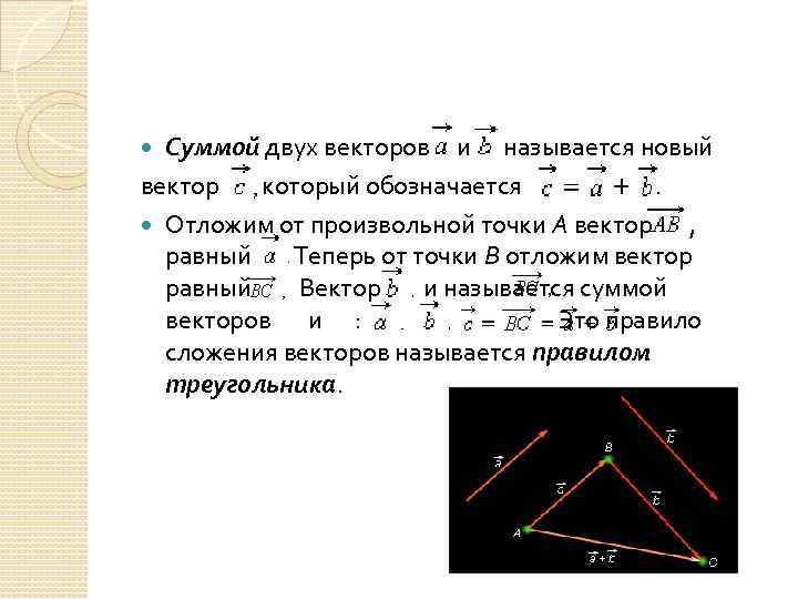 Суммой двух векторов и называется новый вектор который обозначается . Отложим от произвольной точки