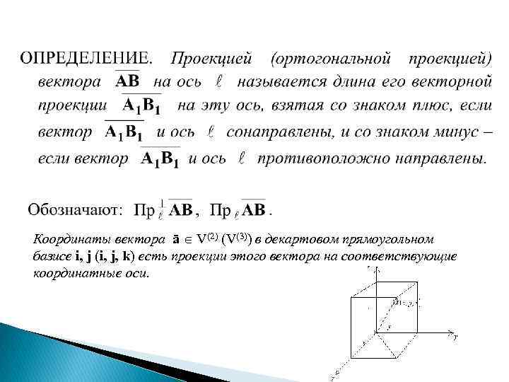 Координаты вектора ā V(2) (V(3)) в декартовом прямоугольном базисе i, j (i, j, k)