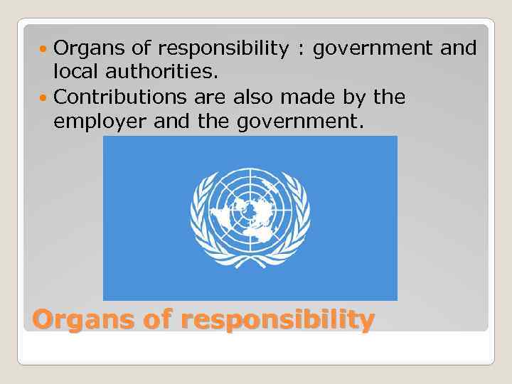 Organs of responsibility : government and local authorities. Contributions are also made by the