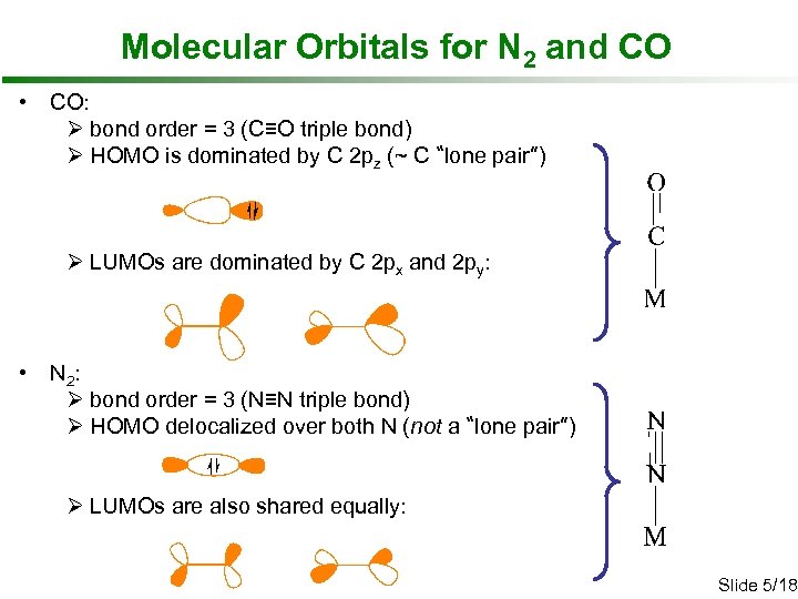 Molecular Orbitals for N 2 and CO • CO: Ø bond order = 3