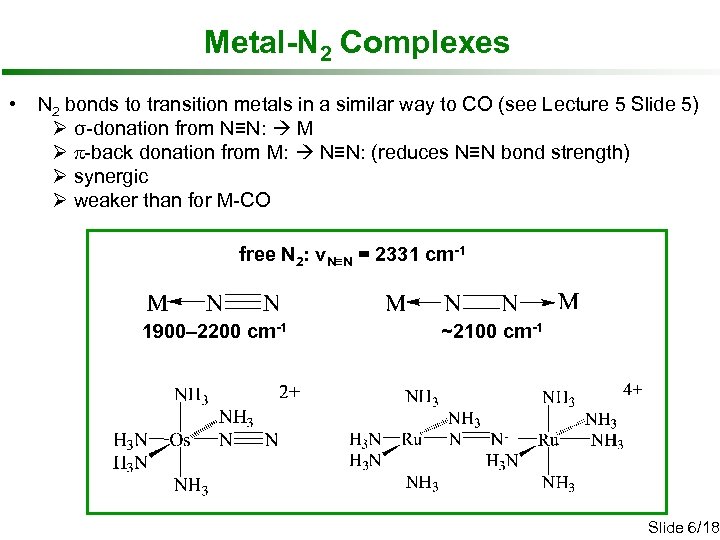 Metal-N 2 Complexes • N 2 bonds to transition metals in a similar way