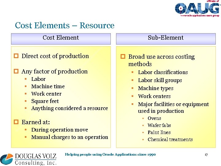 Cost Elements – Resource Cost Element p Direct cost of production p Any factor