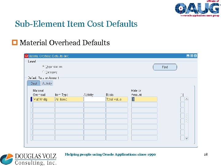 Sub-Element Item Cost Defaults p Material Overhead Defaults Helping people using Oracle Applications since