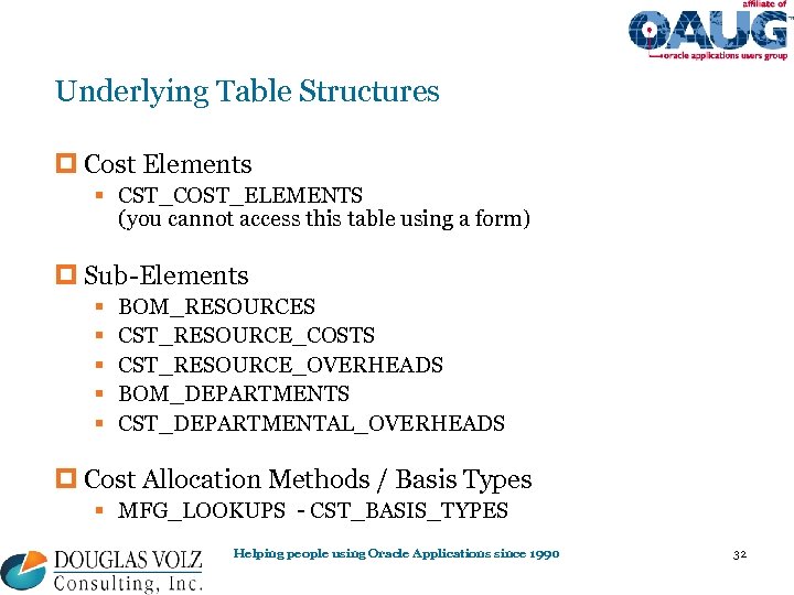 Underlying Table Structures p Cost Elements § CST_COST_ELEMENTS (you cannot access this table using