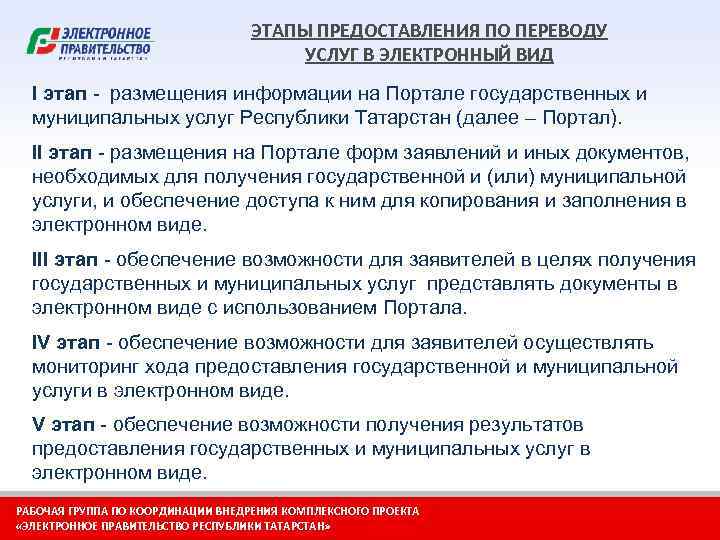 ЭТАПЫ ПРЕДОСТАВЛЕНИЯ ПО ПЕРЕВОДУ УСЛУГ В ЭЛЕКТРОННЫЙ ВИД I этап - размещения информации на