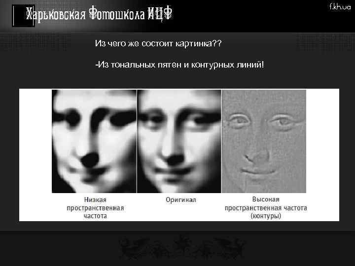 Из чего же состоит картинка? ? -Из тональных пятен и контурных линий! 