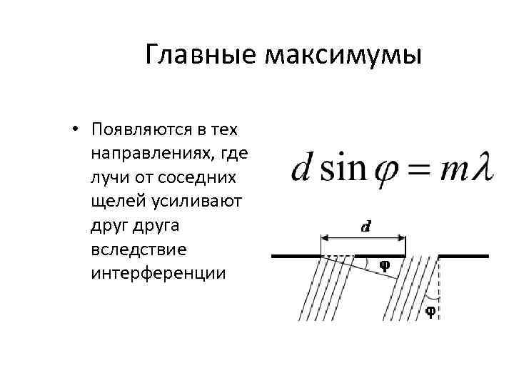 Главные максимумы • Появляются в тех направлениях, где лучи от соседних щелей усиливают друга