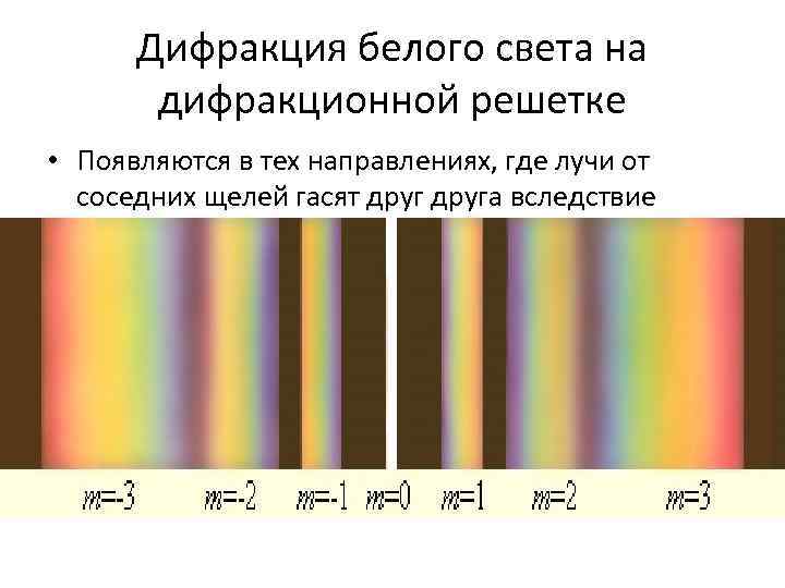 Дифракция белого света на дифракционной решетке • Появляются в тех направлениях, где лучи от