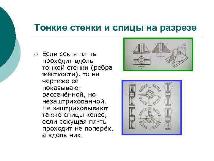 Тонкие стенки и спицы на разрезе ¡ Если сек-я пл-ть проходит вдоль тонкой стенки
