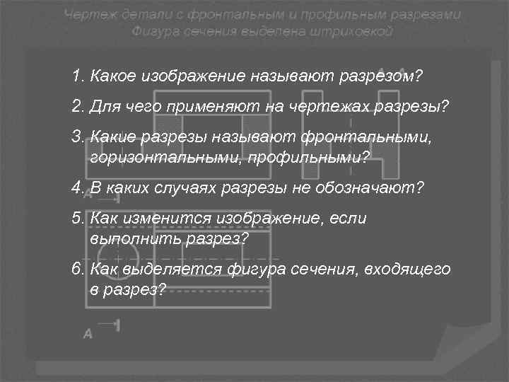 1. Какое изображение называют разрезом? 2. Для чего применяют на чертежах разрезы? 3. Какие