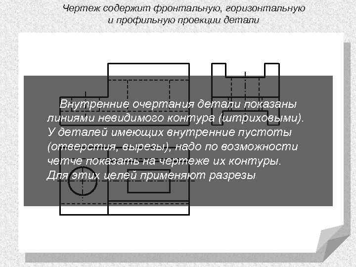 Чертеж содержит фронтальную, горизонтальную и профильную проекции детали Внутренние очертания детали показаны линиями невидимого