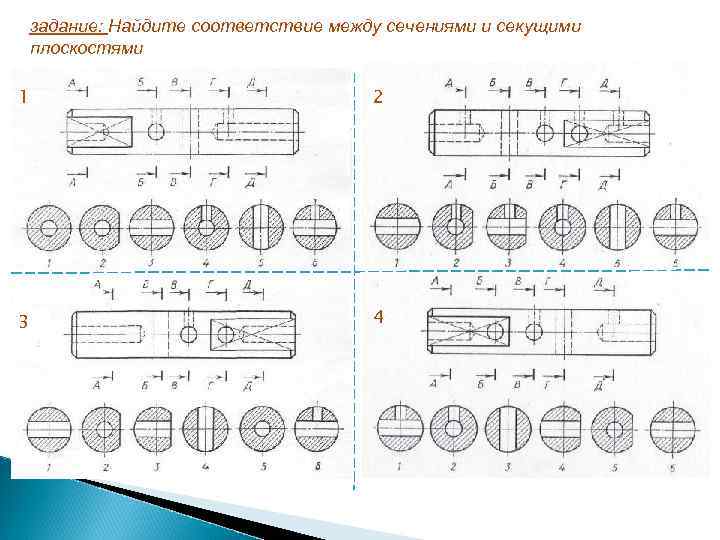 задание: Найдите соответствие между сечениями и секущими плоскостями 1 2 3 4 