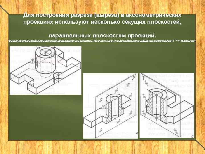 Для построения разреза (выреза) в аксонометрических проекциях используют несколько секущих плоскостей, параллельных плоскостям проекций.