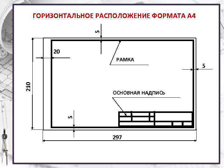 5 ГОРИЗОНТАЛЬНОЕ РАСПОЛОЖЕНИЕ ФОРМАТА А 4 20 210 РАМКА 5 ОСНОВНАЯ НАДПИСЬ 297 5