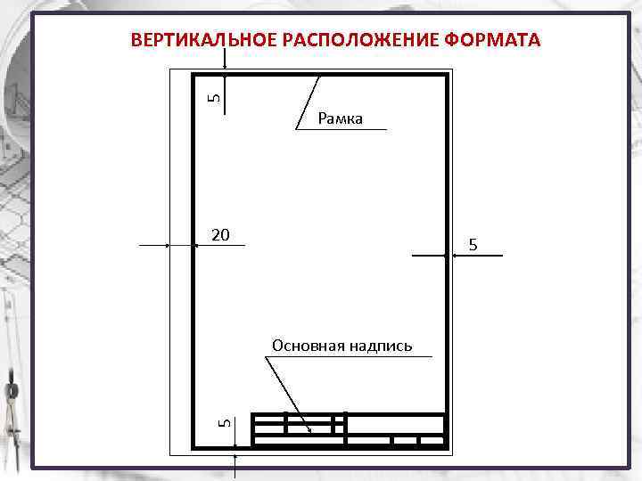 5 ВЕРТИКАЛЬНОЕ РАСПОЛОЖЕНИЕ ФОРМАТА Рамка 20 5 5 Основная надпись 