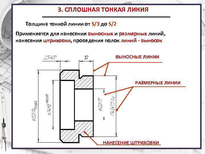 3. СПЛОШНАЯ ТОНКАЯ ЛИНИЯ Толщина тонкой линии от S/3 до S/2 Применяется для нанесения