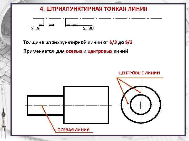 4. ШТРИХПУНКТИРНАЯ ТОНКАЯ ЛИНИЯ 3… 5 5… 30 Толщина штрихпунктирной линии от S/3 до