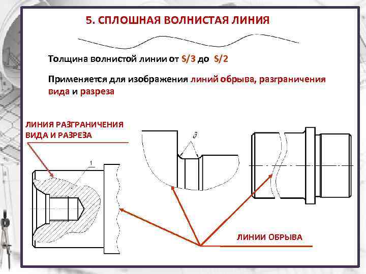 5. СПЛОШНАЯ ВОЛНИСТАЯ ЛИНИЯ Толщина волнистой линии от S/3 до S/2 Применяется для изображения
