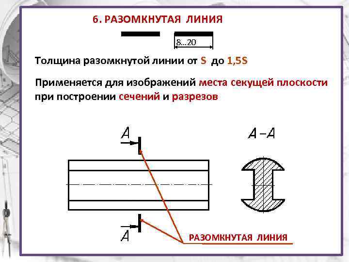 6. РАЗОМКНУТАЯ ЛИНИЯ 8… 20 Толщина разомкнутой линии от S до 1, 5 S