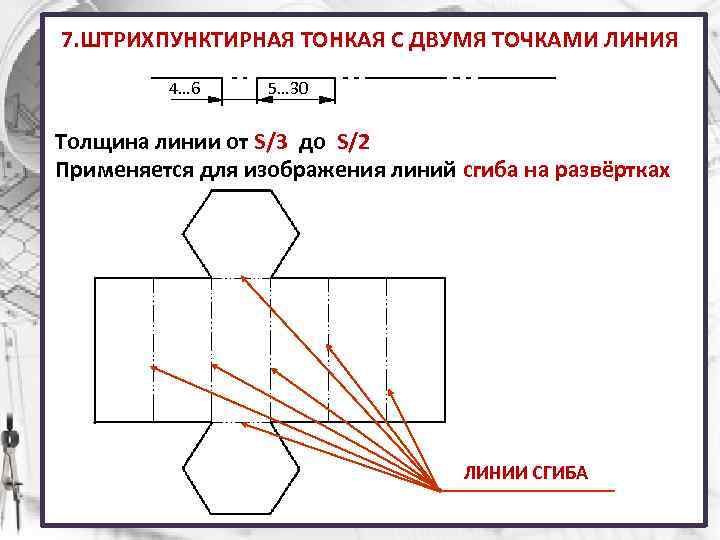 7. ШТРИХПУНКТИРНАЯ ТОНКАЯ С ДВУМЯ ТОЧКАМИ ЛИНИЯ 4… 6 5… 30 Толщина линии от