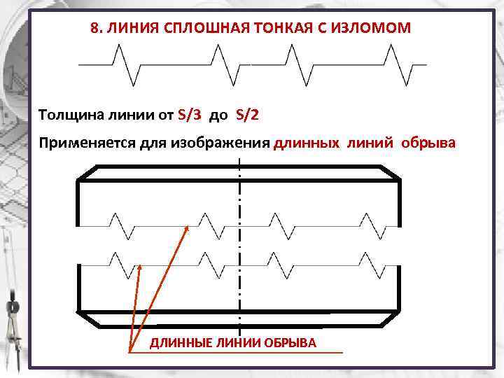 8. ЛИНИЯ СПЛОШНАЯ ТОНКАЯ С ИЗЛОМОМ Толщина линии от S/3 до S/2 Применяется для