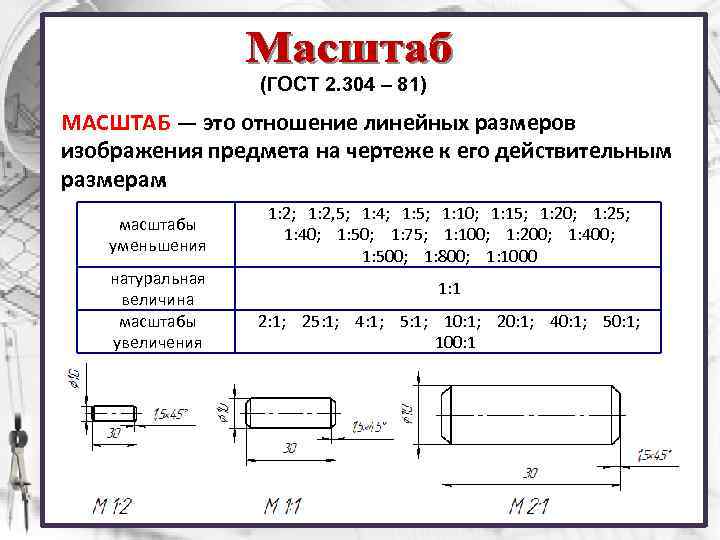 (ГОСТ 2. 304 – 81) МАСШТАБ — это отношение линейных размеров изображения предмета на