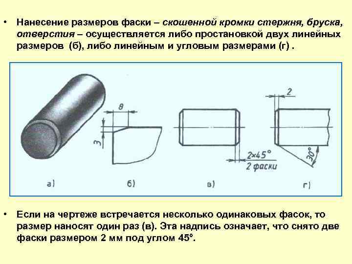  • Нанесение размеров фаски – скошенной кромки стержня, бруска, отверстия – осуществляется либо