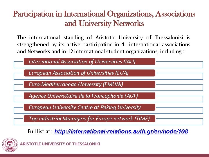 Participation in International Organizations, Associations and University Networks The international standing of Aristotle University