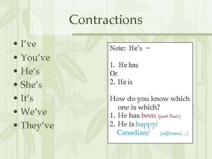 Contractions • I’ve • You’ve • He’s • She’s • It’s • We’ve •