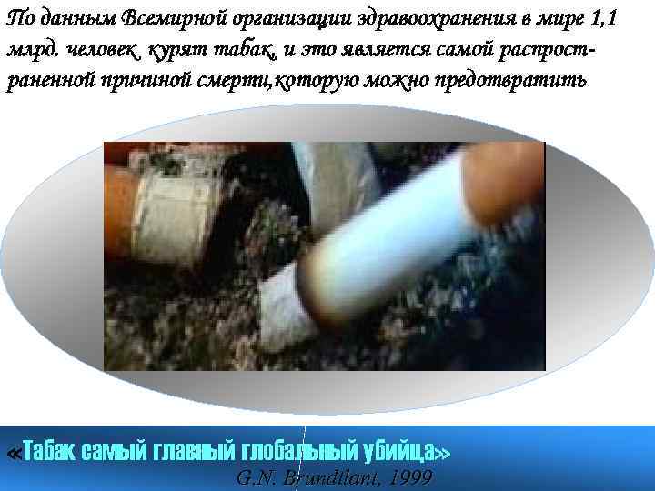 По данным Всемирной организации здравоохранения в мире 1, 1 млрд. человек курят табак, и