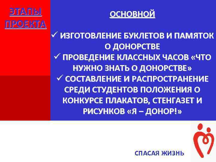 ЭТАПЫ ПРОЕКТА + + ОСНОВНОЙ ü ИЗГОТОВЛЕНИЕ БУКЛЕТОВ И ПАМЯТОК О ДОНОРСТВЕ ü ПРОВЕДЕНИЕ