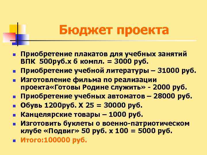 Бюджет проекта n n n n Приобретение плакатов для учебных занятий ВПК 500 руб.