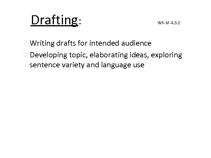 Drafting: WR-M-4. 9. 0 Writing drafts for intended audience Developing topic, elaborating ideas, exploring