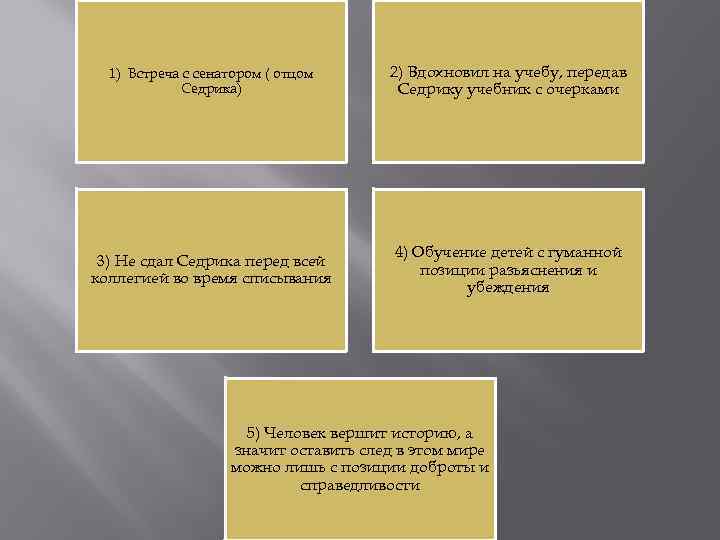 1) Встреча с сенатором ( отцом Седрика) 2) Вдохновил на учебу, передав Седрику учебник