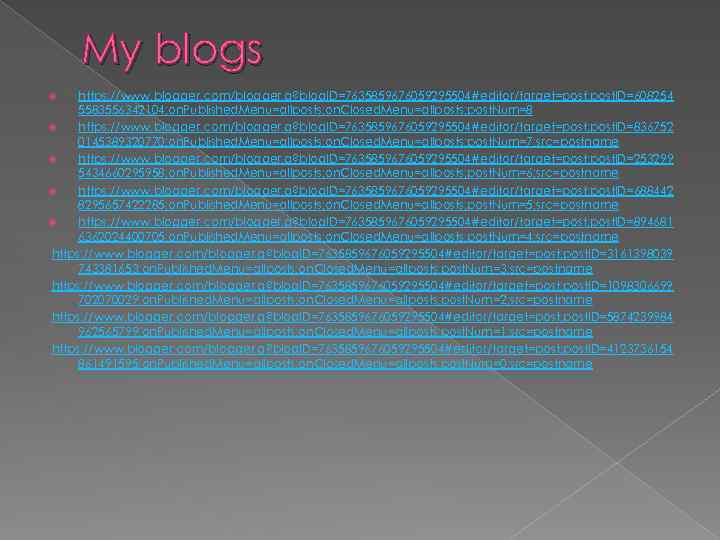 My blogs https: //www. blogger. com/blogger. g? blog. ID=7635859676059295504#editor/target=post; post. ID=608254 5583556342104; on. Published.