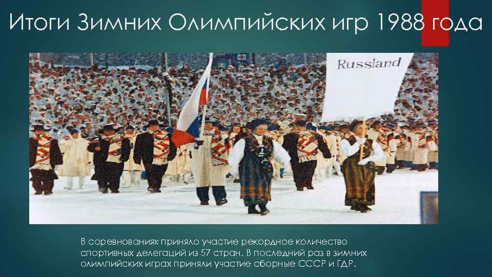 Итоги Зимних Олимпийских игр 1988 года В соревнованиях приняло участие рекордное количество спортивных делегаций