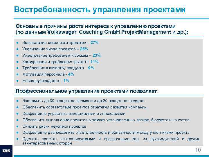 Востребованность управления проектами Основные причины роста интереса к управлению проектами (по данным Volkswagen Coaching
