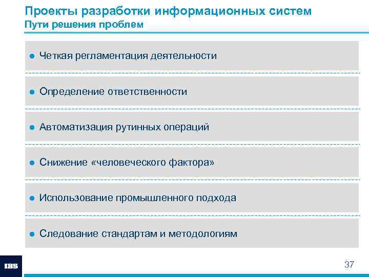 Проекты разработки информационных систем Пути решения проблем ● Четкая регламентация деятельности ● Определение ответственности