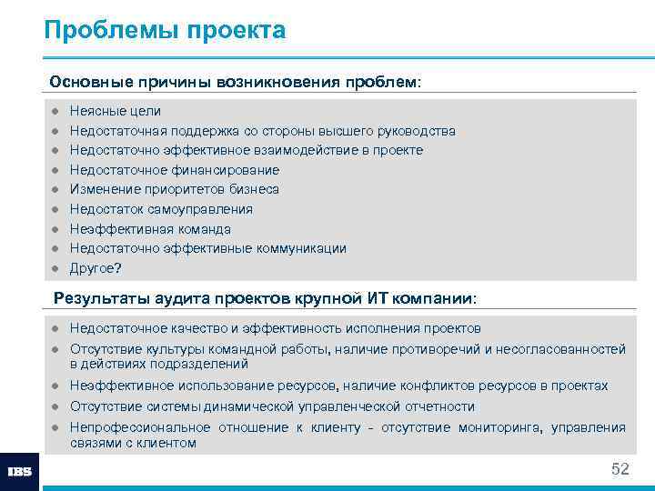 Проблемы проекта Основные причины возникновения проблем: ● ● ● ● ● Неясные цели Недостаточная
