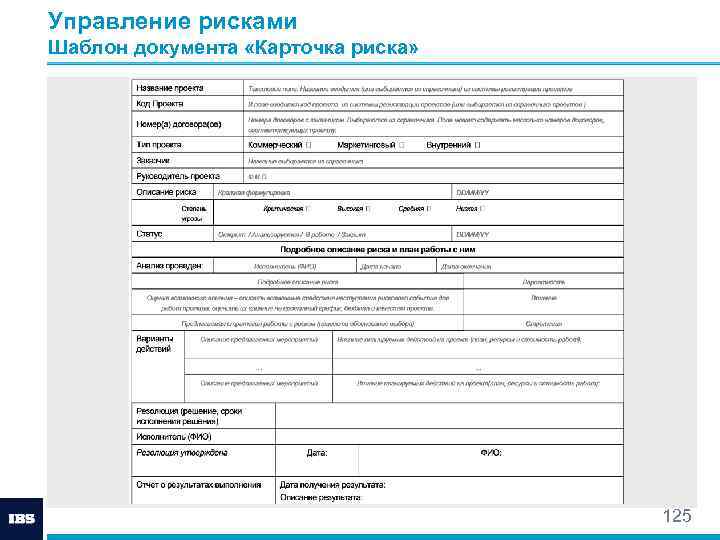 Управление рисками Шаблон документа «Карточка риска» 125 