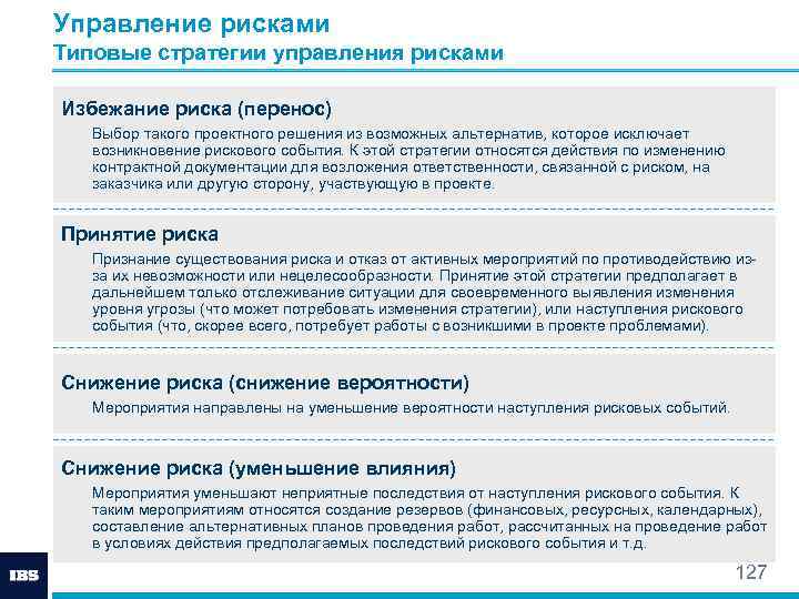 Управление рисками Типовые стратегии управления рисками Избежание риска (перенос) Выбор такого проектного решения из