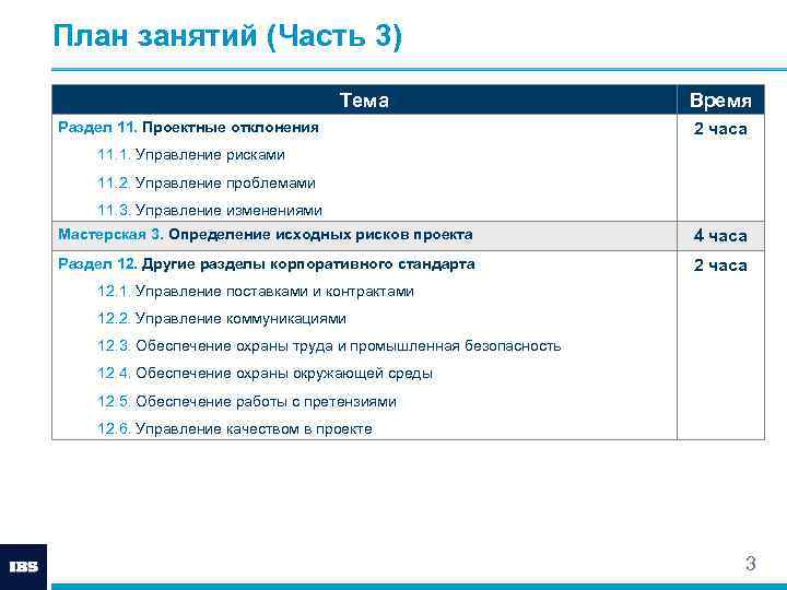 План занятий (Часть 3) Тема Раздел 11. Проектные отклонения Время 2 часа 11. 1.