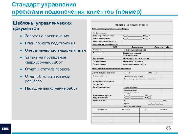 Стандарт управления проектами подключения клиентов (пример) Шаблоны управленческих документов: ● Запрос на подключение ●