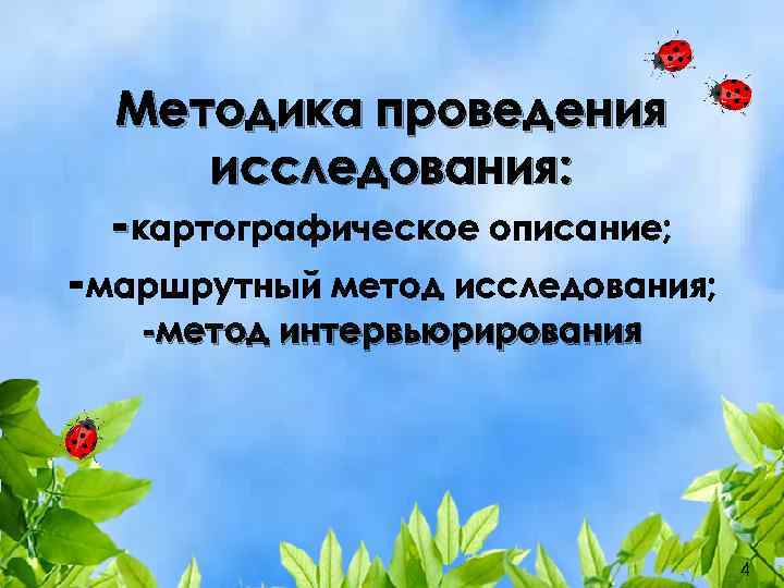 Методика проведения исследования: -картографическое описание; -маршрутный метод исследования; -метод интервьюрирования 4 
