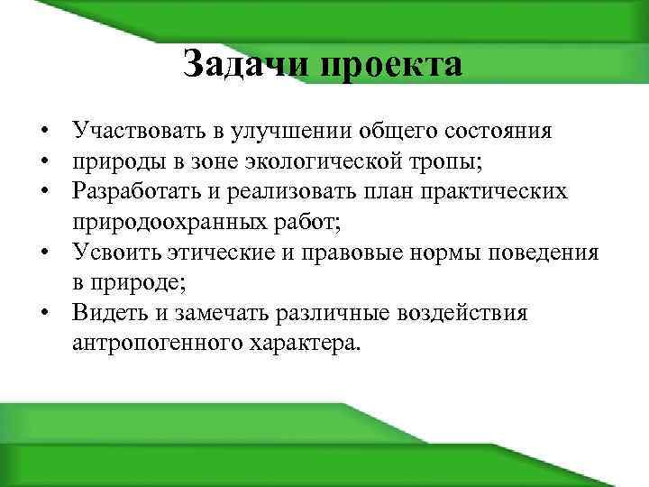 Задачи проекта • Участвовать в улучшении общего состояния • природы в зоне экологической тропы;